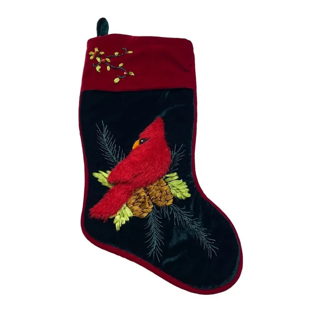 Santa’s Best 3D Red Cardinal on Branch Embroidered Velvet Christmas Stocking